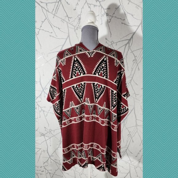 Tally Weijl Burgundy Aztec Printed Open Front Poncho Cardigan - Picture 3 of 4